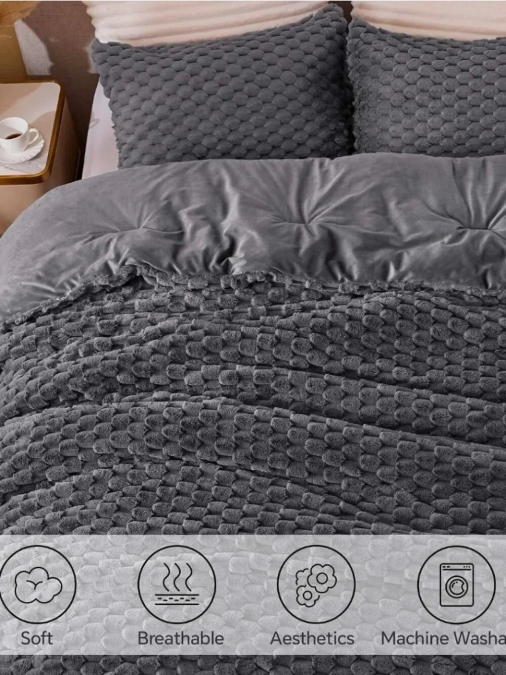 Fluffy Queen Comforter Set - Grey Fleece Soft Comforter for Queen Size Bed, Luxu